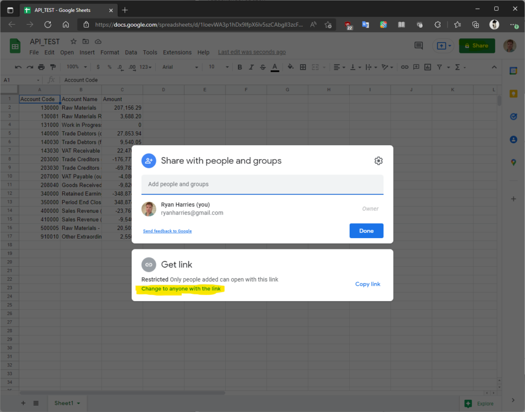Share google sheet, change to anyone with link