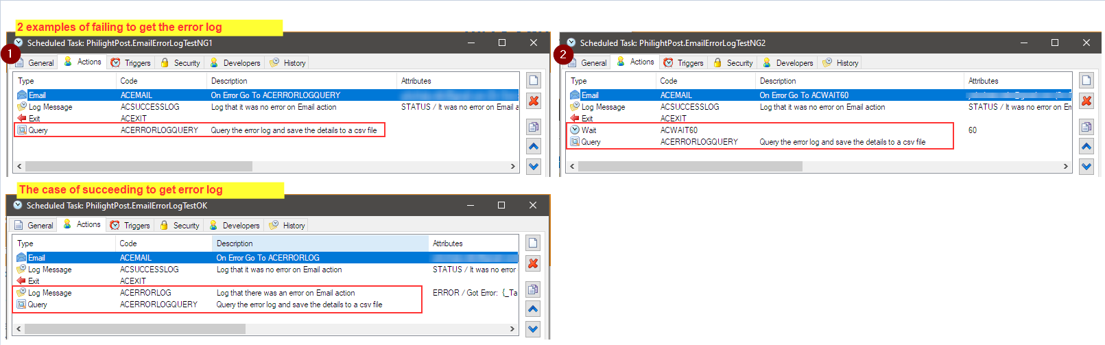 Keeping error logs on Email action